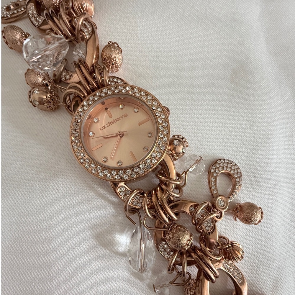 Liz Claiborne Charm Bracelet Watch Womens OS Rose Gold Excellent Crystal LC1204